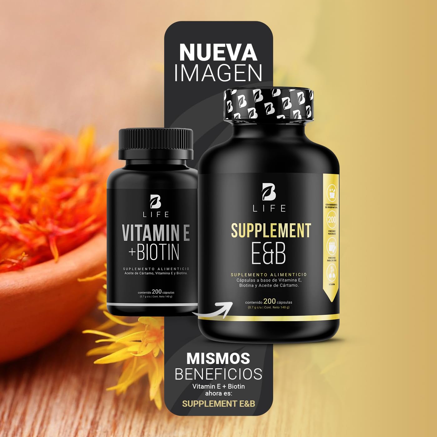 B Life Company Vitamina E + Biotina de 200 Cápsulas. Ingredientes naturales. Supplement E&B.