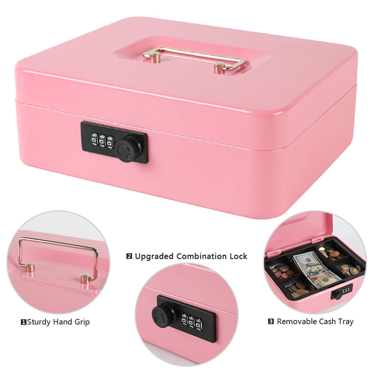 Caja Fuerte de Acero Xydled Rosa con Cerradura de Combinación y Bandeja Extraíble para Monedas