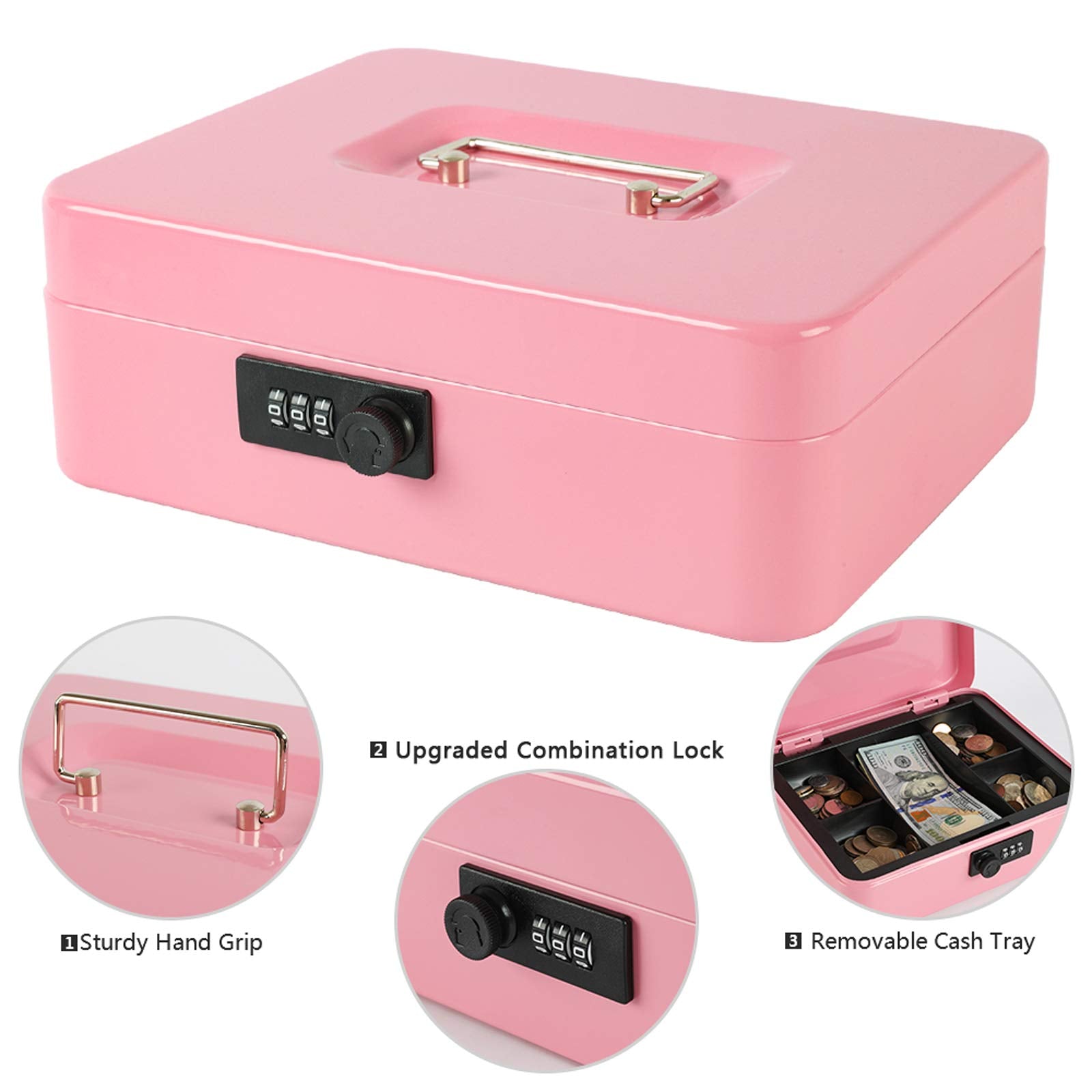 Caja Fuerte de Acero Xydled Rosa con Cerradura de Combinación y Bandeja Extraíble para Monedas
