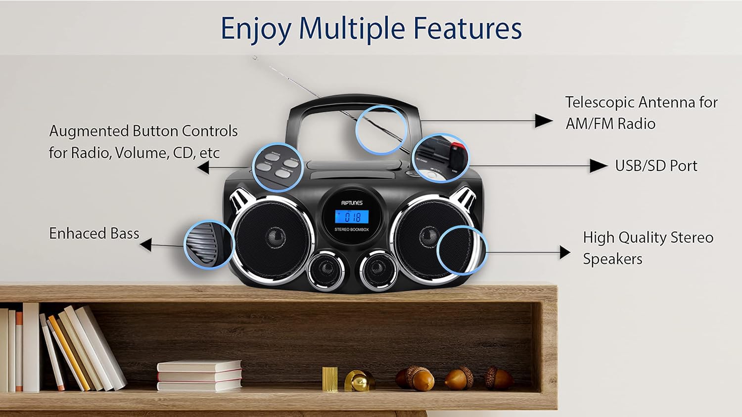 Reproductor de CD RIPTUNES Negro con Sonido Estéreo Bluetooth y Graves Mejorados