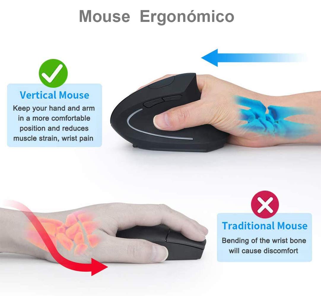 Mouse Ergonómico Inalámbrico Recargable Negro con Diseño de 6 Botones y 3 DPIs Ajustables