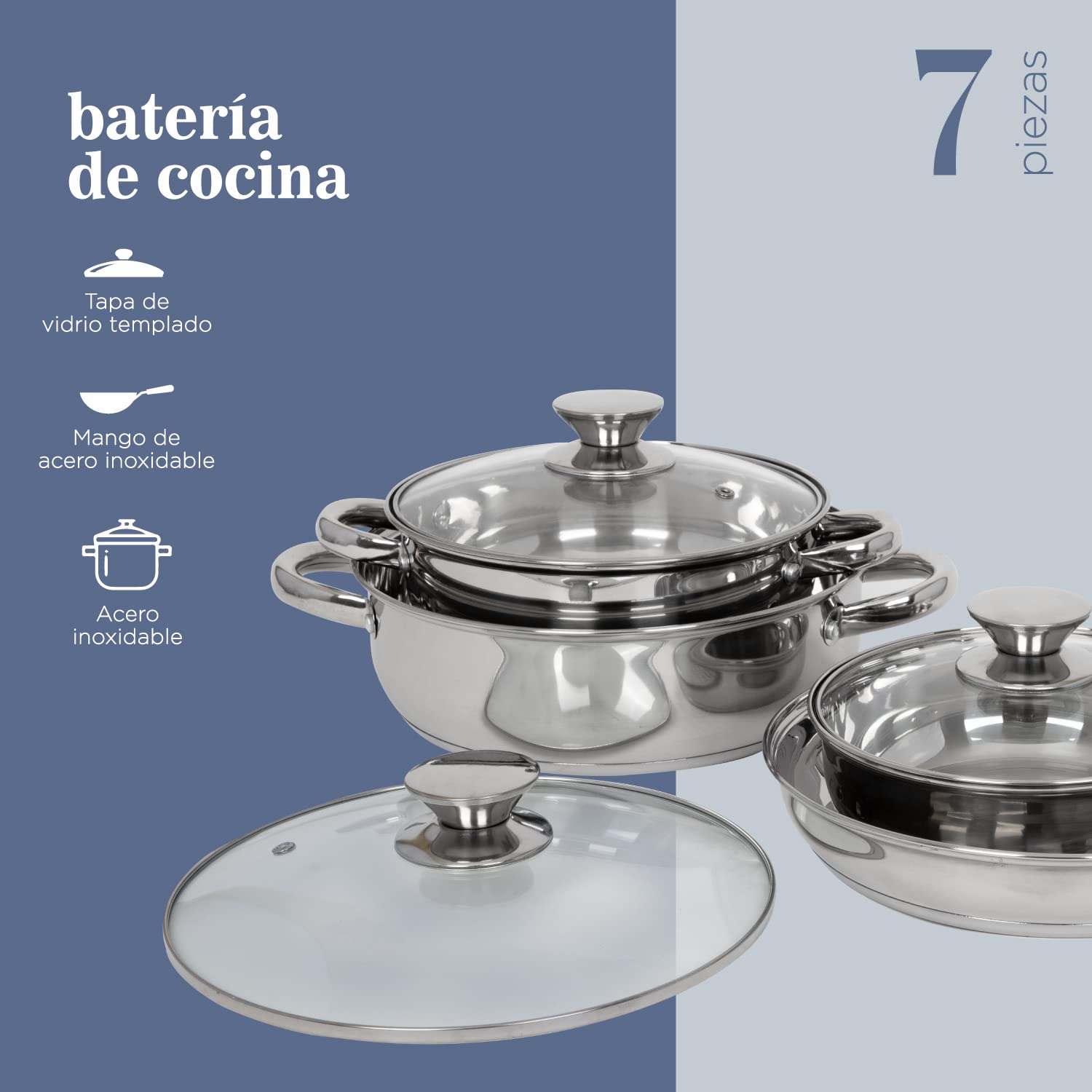 COLORHOME | Batería de Cocina Acero Inoxidable - 7 Piezas - Triple Capa Y Tapas de Vidrio Templado - Juego de Caserolas de Cocina y Sartén - Utensilios de Cocina