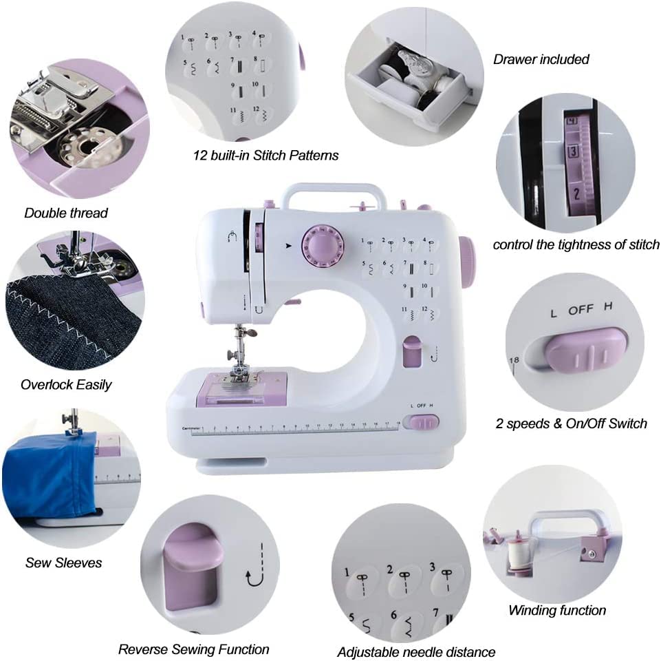LÍMITE-MX Mini Maquina de Coser Electrica,Máquina de Coser 12 Puntadas Máquina de Coser Portatil con Luz de LED,Función de Patchwork, Costura de Botones, Cremallera, Costura Cilíndrica, Máquina de Coser Electrica(Morado)