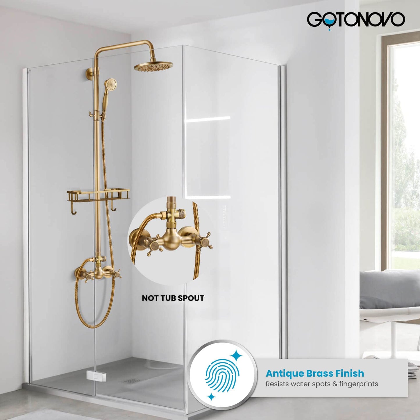 gotonovo Grifo de ducha de latón antiguo expuesto de 8 pulgadas, cabezal de ducha de lluvia montado en la pared con estante de ducha, asas dobles cruzadas, sistema de ducha de mano ajustable, doble función