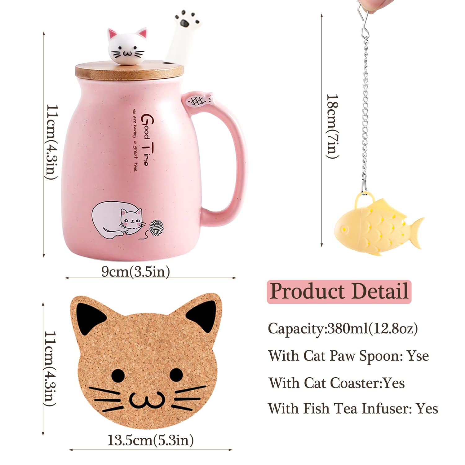 BigNoseDeer Taza de té Kawaii con infusor de gato lindo taza de café de cerámica, taza de té, color rosa, lindo, regalo para mujeres, amantes de los gatos, regalos de 13 onzas