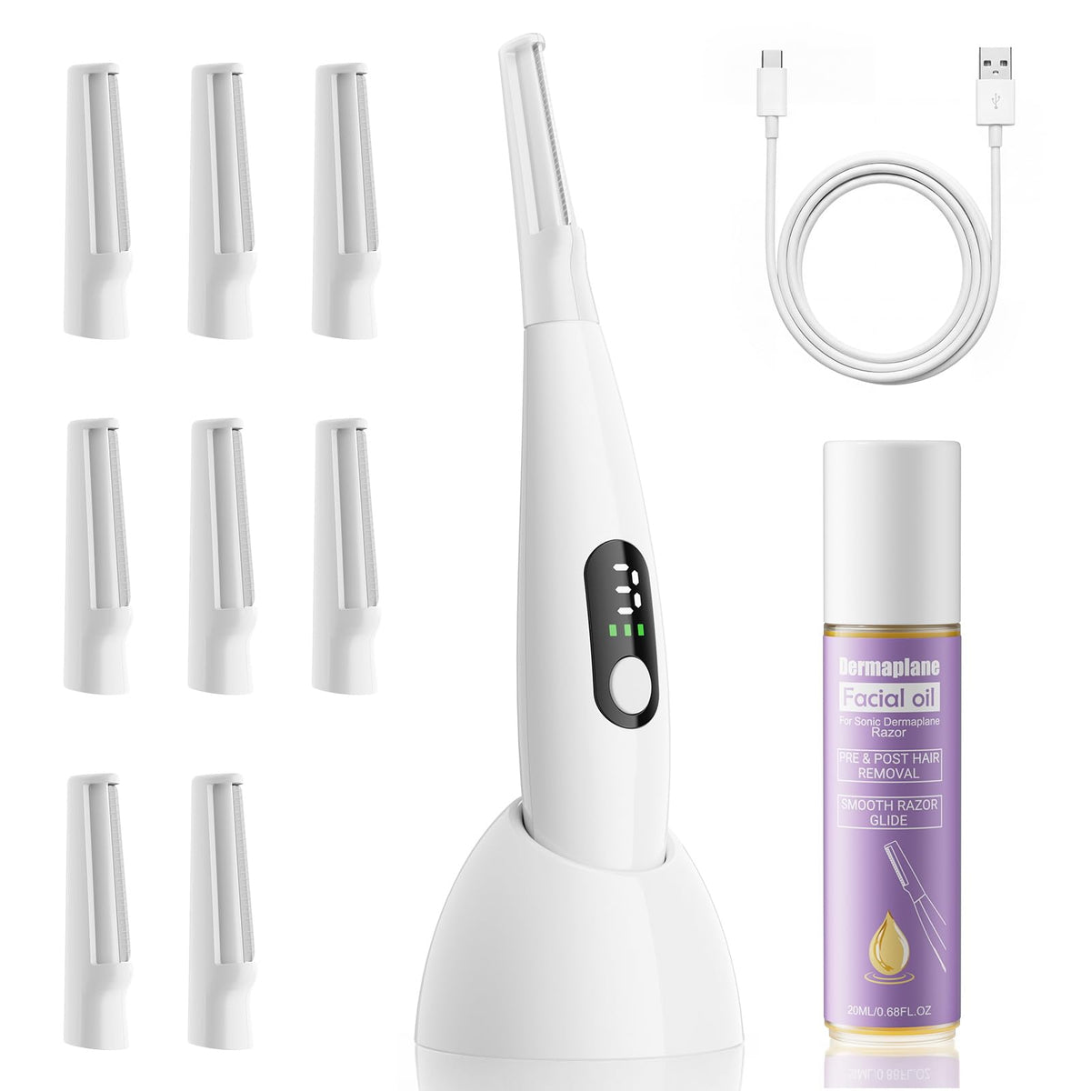Sonic Dermaplane - Maquinilla de afeitar para mujer, herramienta de dermatiamiento recargable con 8 cuchillas de dermatiamiento y aceite facial, 3 velocidades para eliminar pelusa de melocotón y