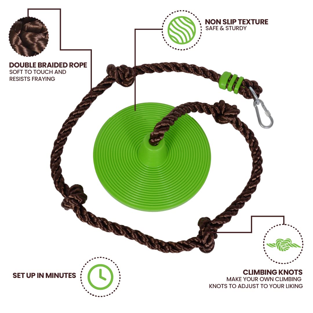 Swurfer Disco - 3-in-1 Multi-Purpose Sit, Stand, & Climb Disc Swing, Heavy Duty Climbing Rope Swing - 6 Foot Rope with Four Adjustable Knots, Holds 200lbs, Ages 6 and Up, Green