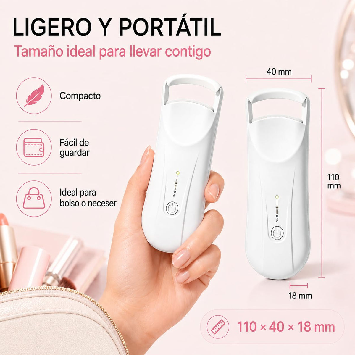 Rizador de Pestañas Eléctrico, Enchinador Térmico Recargable USB-C con 2 Niveles de Temperatura 65°C/85°C, Calentamiento Rápido y Curva 3D, Mini Rizador Portátil para Maquillaje