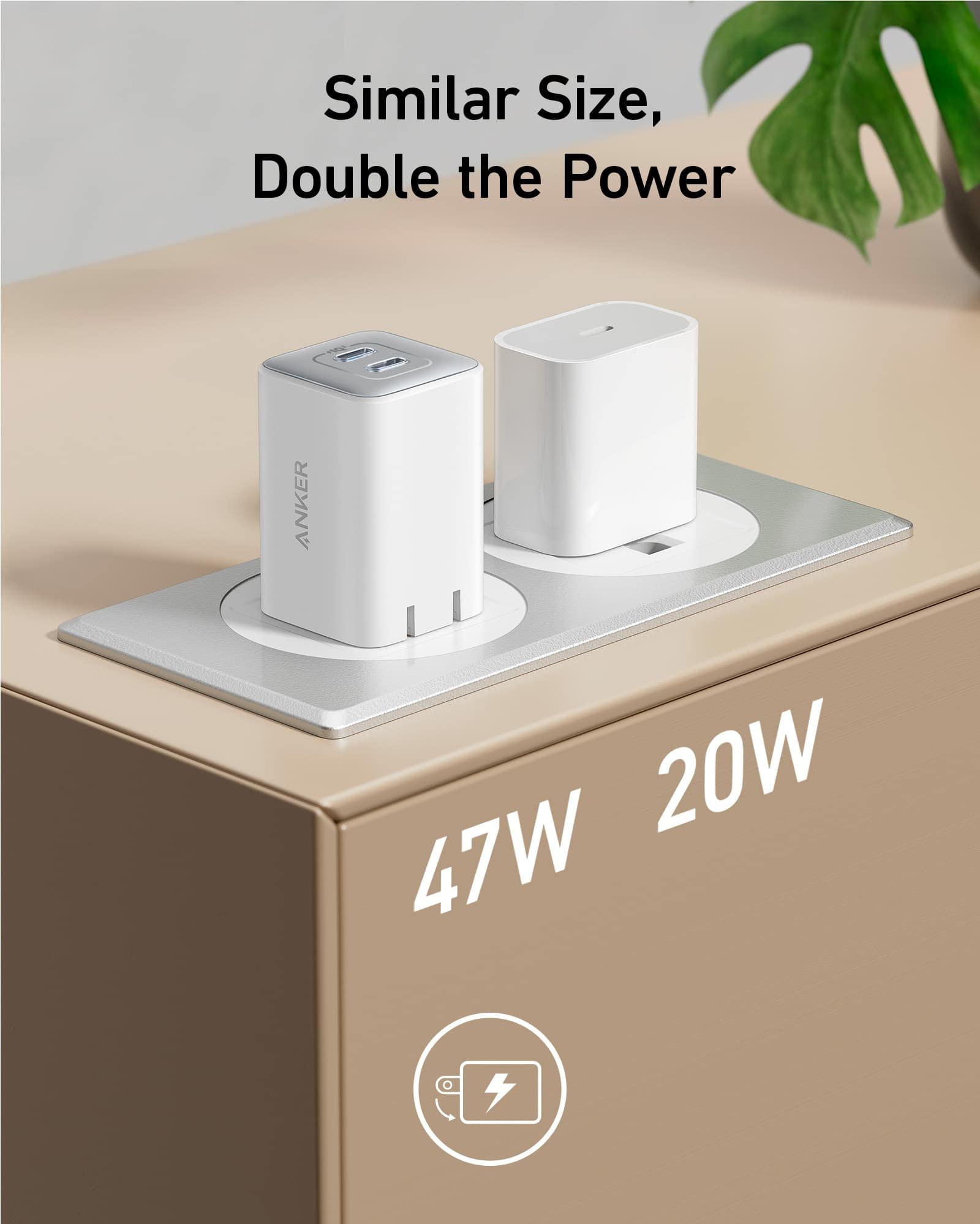 Cargador USB-C Anker Negro Rápido GAN Compacto 47 W de 2 Puertos