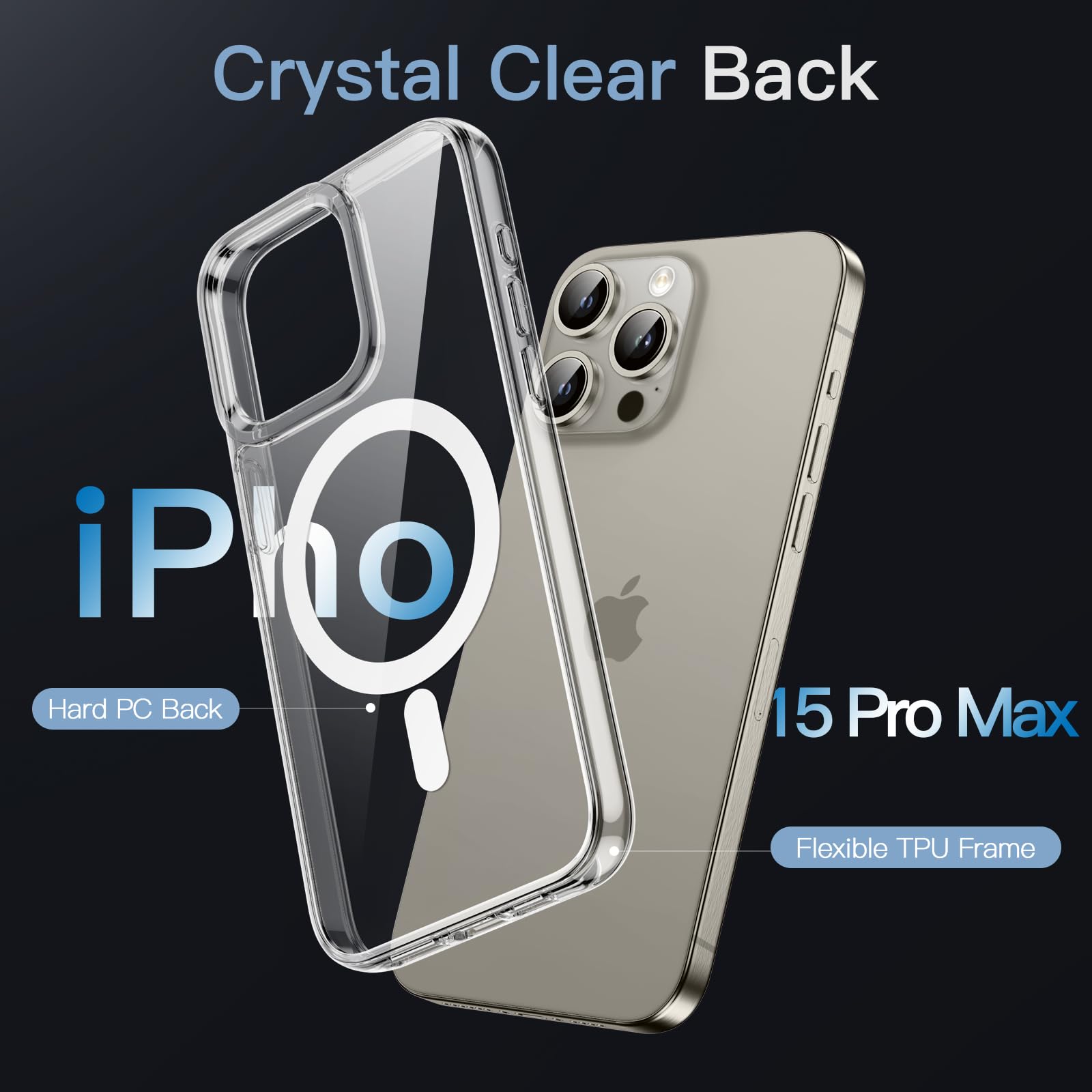 JETech Funda Magnética para iPhone 15 Pro MAX 6.7 Pulgadas, Compatible con MagSafe Carga Inalámbrica, Carcasa Antigolpes, Parte Trasera Transparente Anti-Arañazos (Transparente)
