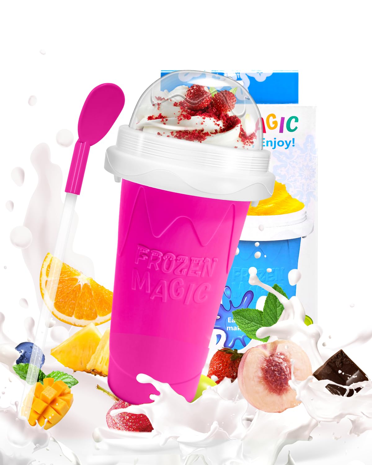 Vaso para granizados, vasos mágicos para hacer granizados, vaso portátil para jugos, leche y helado, de sílice de doble capa con tapa y pajita para niños, amigos y familiares (rosa)