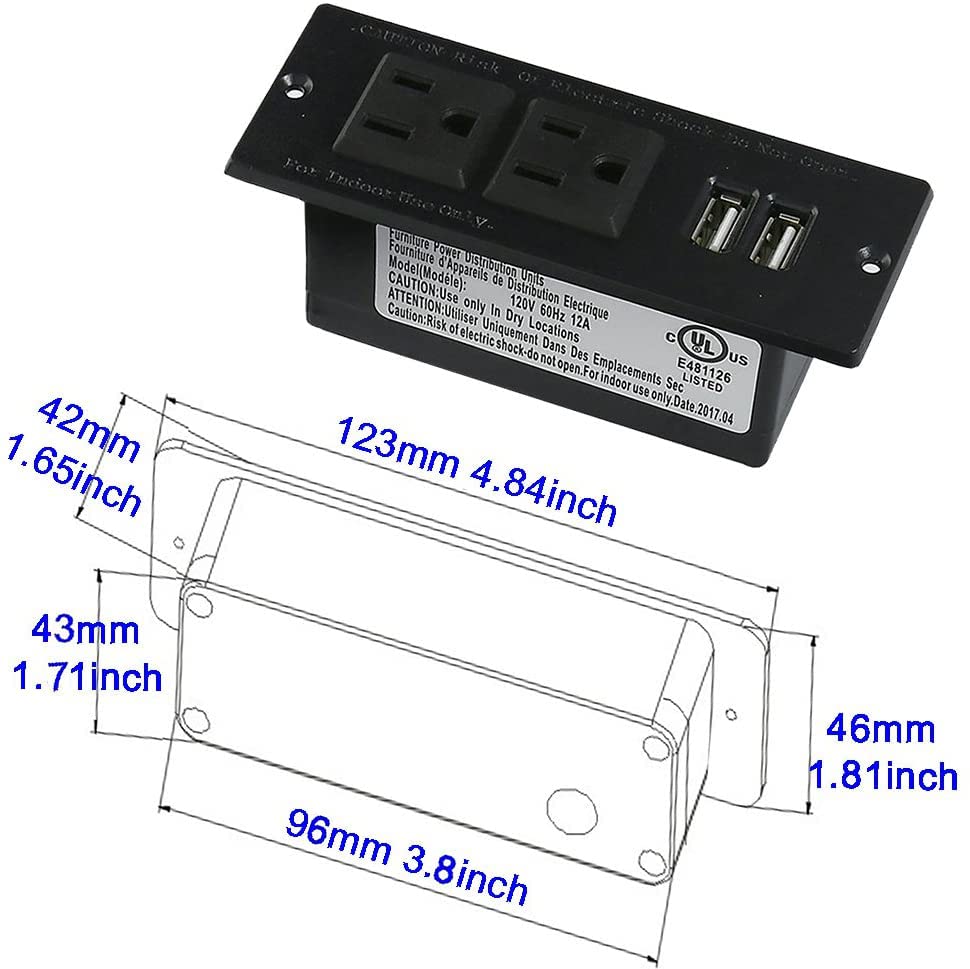 4 LEAF Regleta Empotrada con USB Tira de Alimentación Multicontacto Enchufe 2 Tomas 2 USB Cable Extensión 2 Metros Montaje para Mesa Sofá Gabinete Nightstand Nergo