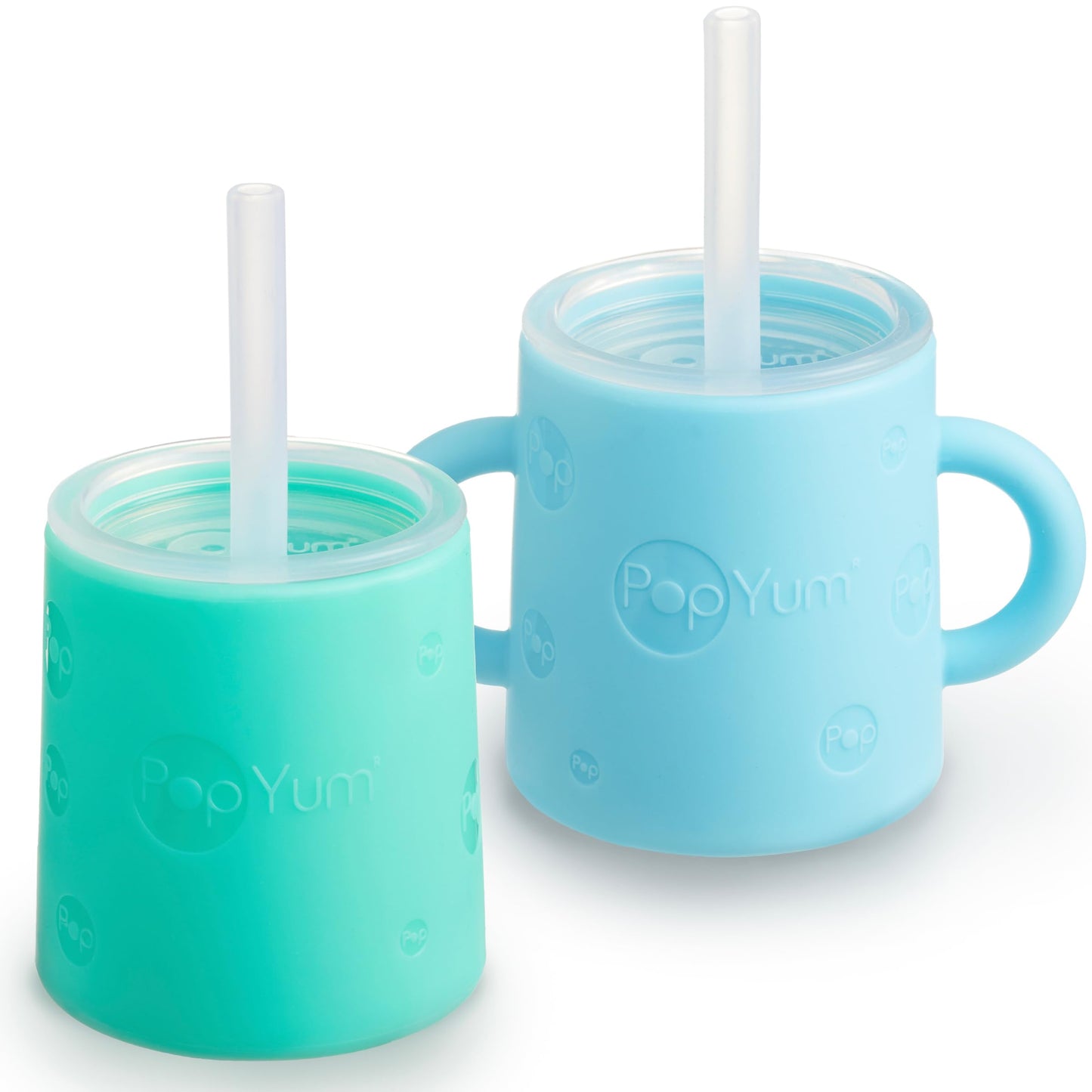 PopYum Taza de Entrenamiento de Silicona con Tapa de Popote, Paquete de 2 para Bebé, Infante y Niño Pequeño, Vaso, Sippy, Asas, 5 Onzas (azul, verde)