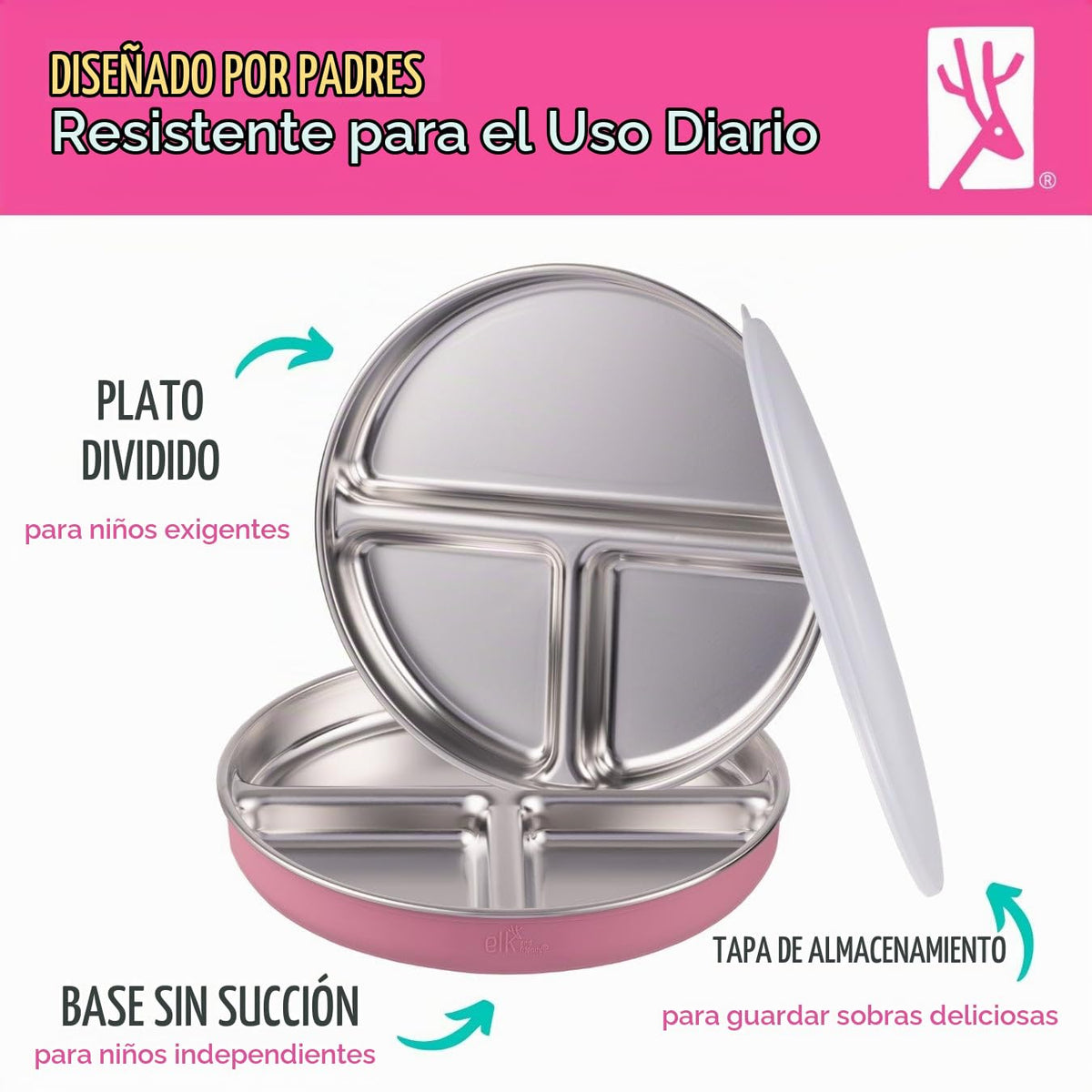 Elk and Friends - Placa dividida de acero inoxidable de 7.8 pulgadas + tapa