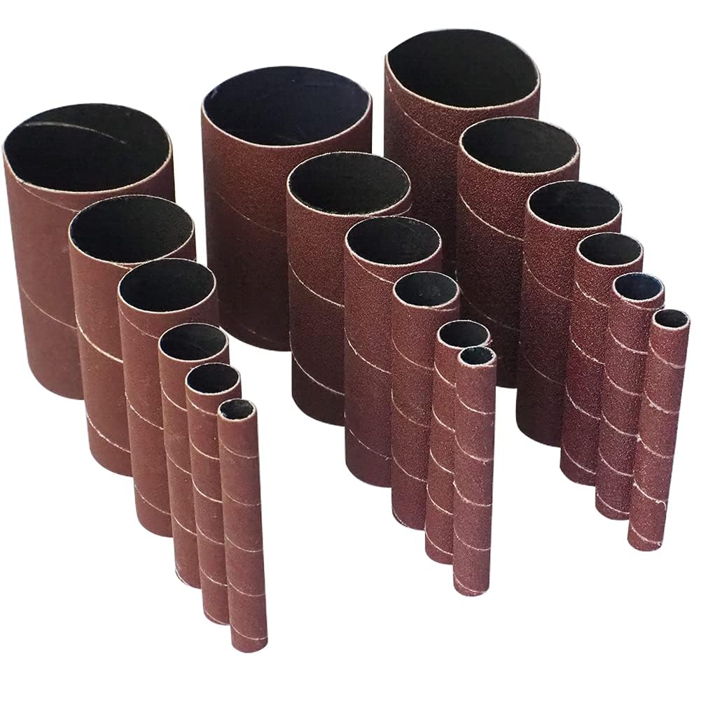 Paquete de 18 fundas de lijadora de husillo, mangas de lijado para lijadora oscilante, 80-150-240 papel de lija de grano surtido, 4-1/2 pulgadas de longitud, 1/2-3/4-1-1/2-2-3 pulgadas de diámetro