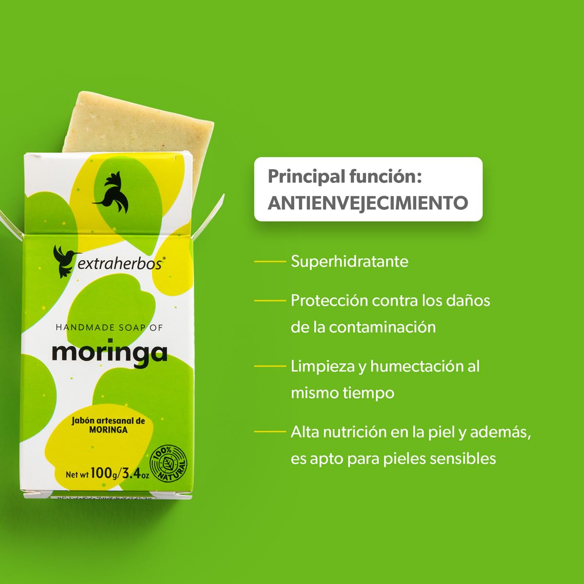 Extraherbos Pack 3 Jabones de Moringa Artesanales 100g c/u - Antiedad, Hidratante y Nutritivo - Limpiador Facial y Corporal con Hoja de Moringa y Aceite de Coco - Vegano, Cruelty Free - 3 Piezas