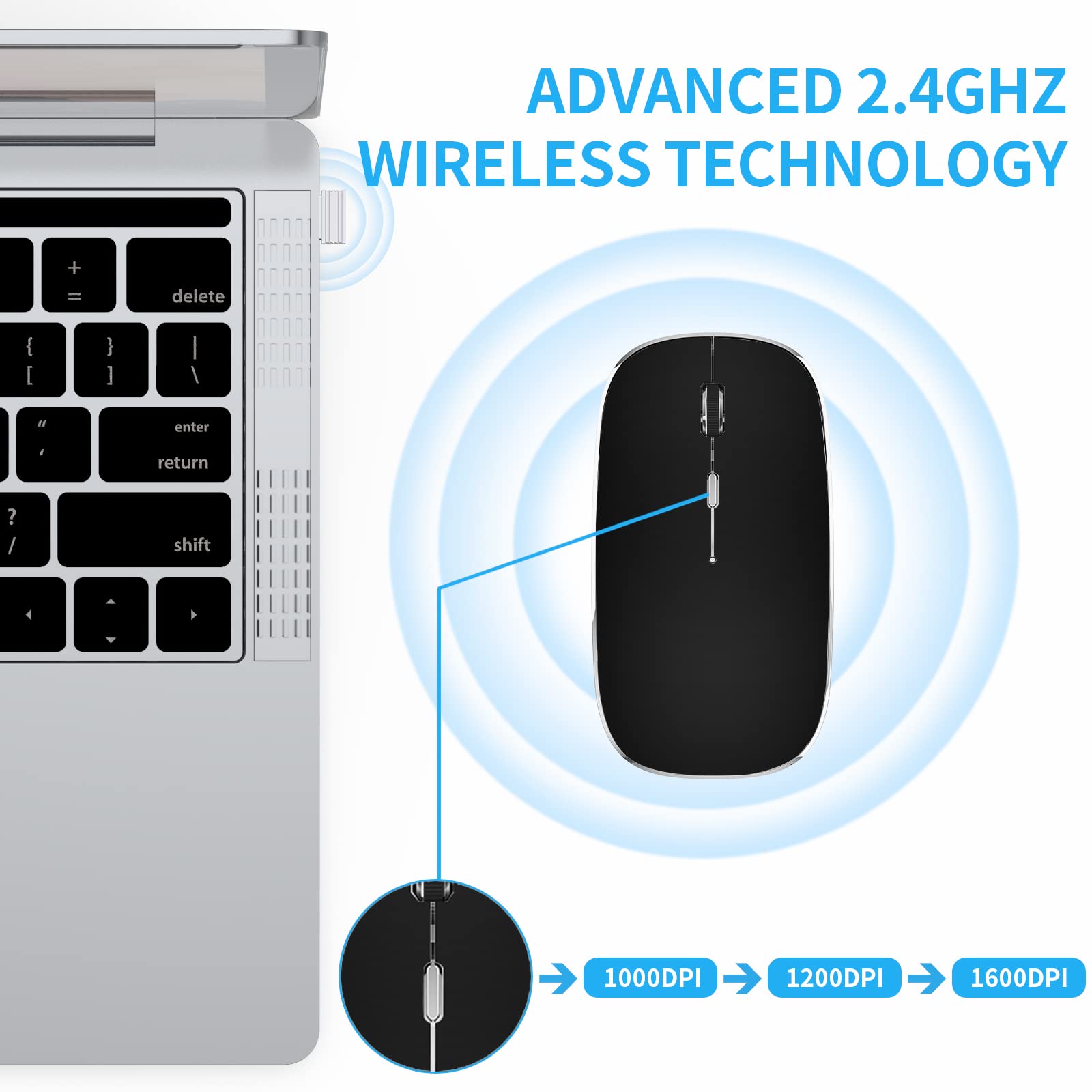 Leolee Mouse Inalámbrico, Ratón Inalámbrico Recargable, Mouse Wireless con 2.4G, óptico Silencioso Click, Receptor USB y Tipo-c Adaptador 3 Ajustable dpi para Computadora, Portátil, PC, Mac (Negro)