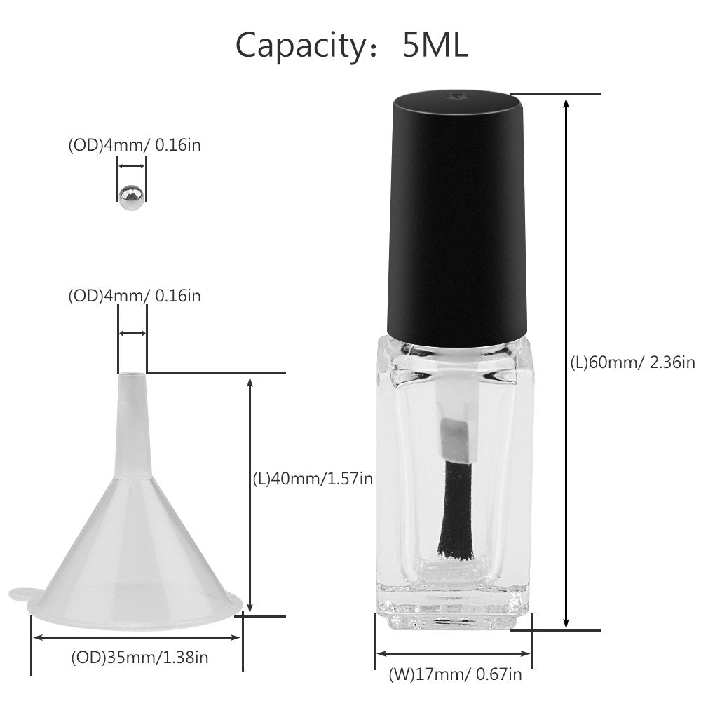 GTHER - 6 botellas de vidrio de esmalte de uñas vacías de 5 ml con tapa de cepillo para polvo, embudo y bolas de mezcla para arte de uñas