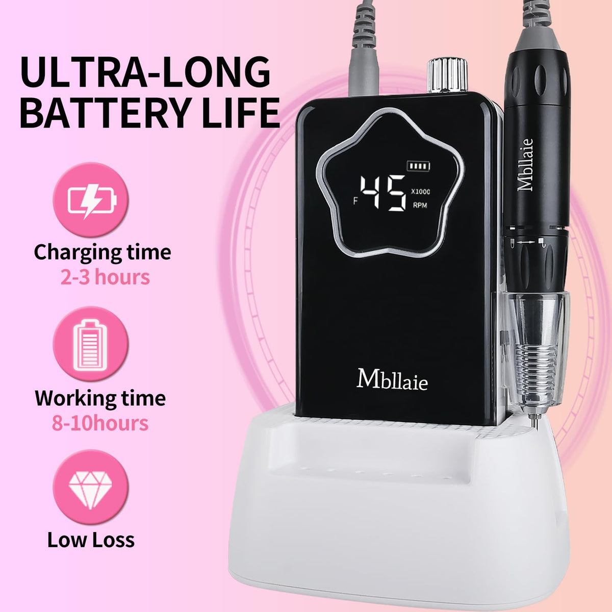 Taladro de Uñas Eléctrico Profesional Mbllaie 45000 RPM Inalámbrico Recargable