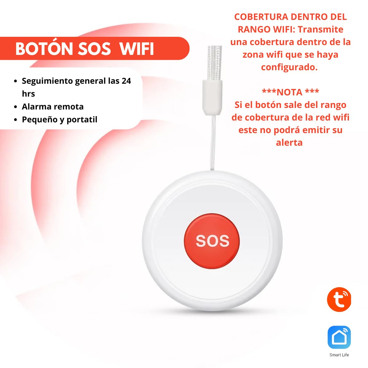Botón de Pánico SOS Inalámbrico WiFi para Sistema de Alarma, Compatible con Smart Life y Tuya Smart, Alerta de Emergencia, Portátil, Fácil Instalación, Cobertura WiFi, Uso en Casa, Oficina y Negocio