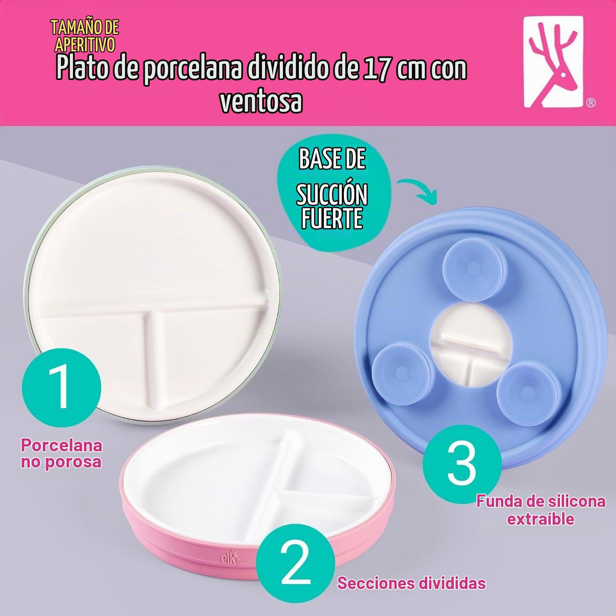 Elk and Friends Kids - Platos divididos de porcelana blanca de 6.7 pulgadas con mangas de succión de silicona, adecuados para bebés/niños pequeños, aptos para microondas y lavavajillas, vajilla para