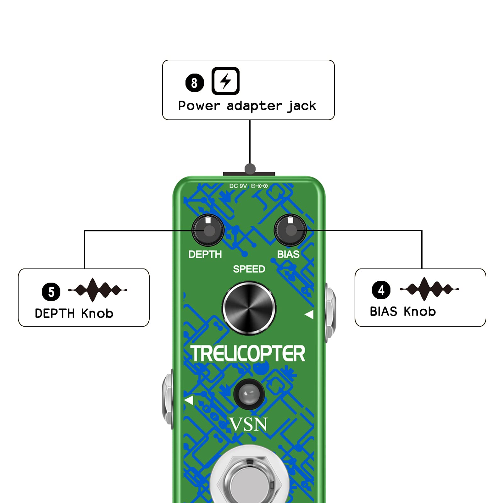 VSN Guitar Tremolo Effect Pedal of Classic Trelicopter Effects Tremolo Pedals for Electric Guitar Effect True Bypass