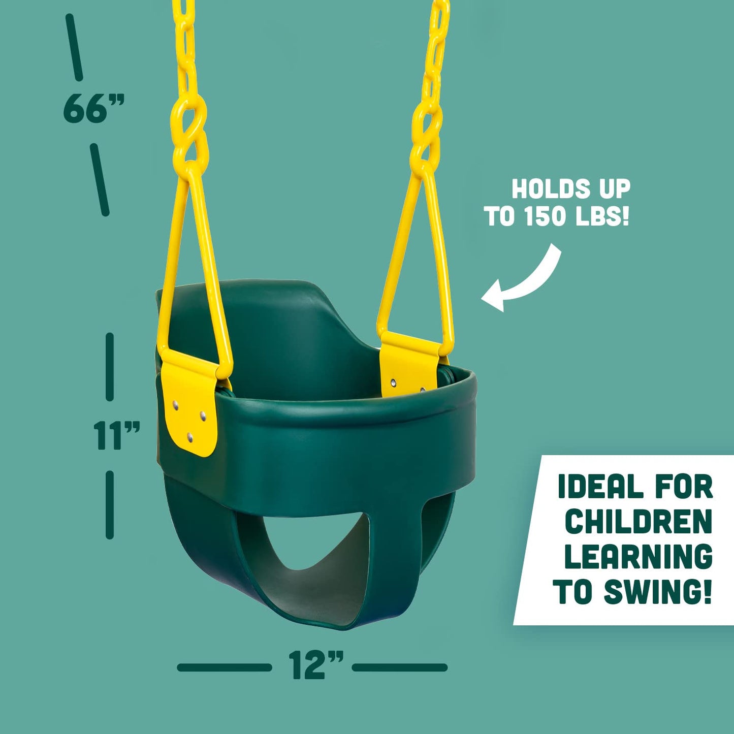 Asiento Oscilante de Alta Calidad con Respaldo Alto para Niños Pequeños Verde con Cadenas Revestidas de Plástico y Mosquetones para Fácil Instalación