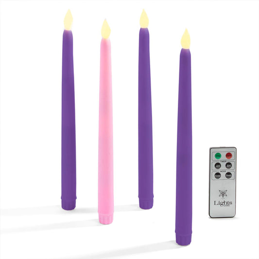 LampLust - Juego de 4 velas de Adviento con pilas, color morado y rosa, sin llama, de 10 pulgadas, velas cónicas sin llama para corona de adviento, decoración de cuaresma, velas parpadeantes sin llama