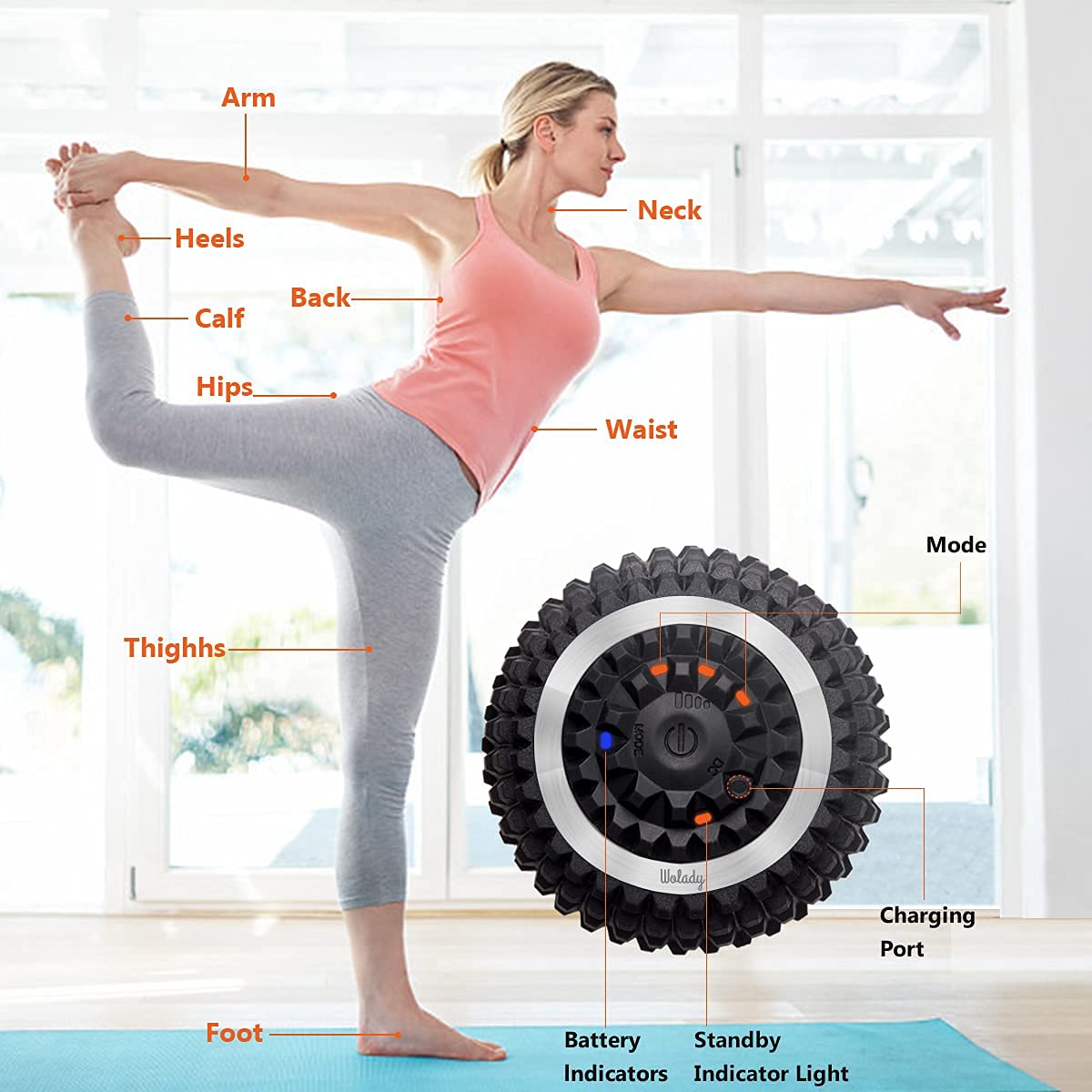 Bola de Masaje Vibratoria Wolady Alta Intensidad Lavable Recargable para Fitness y Yoga
