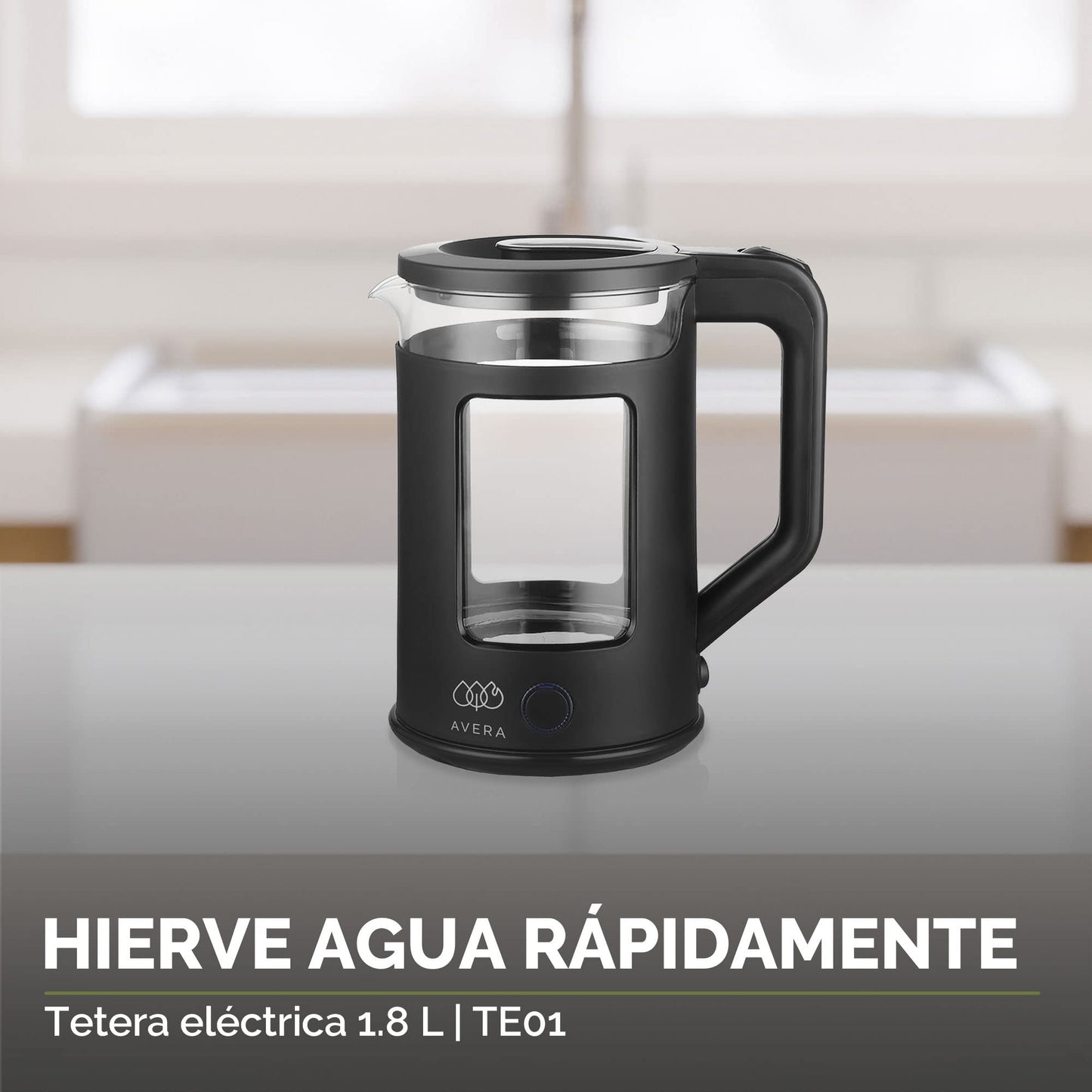AVERA Tetera Electrica de Vidrio 1.8 Litros 1000W Potencia, Hervidor de Agua Inalambrico, Libre de BPA, Apagado Automatico, Interior Inoxidable, Iluminacion LED, Color Negro