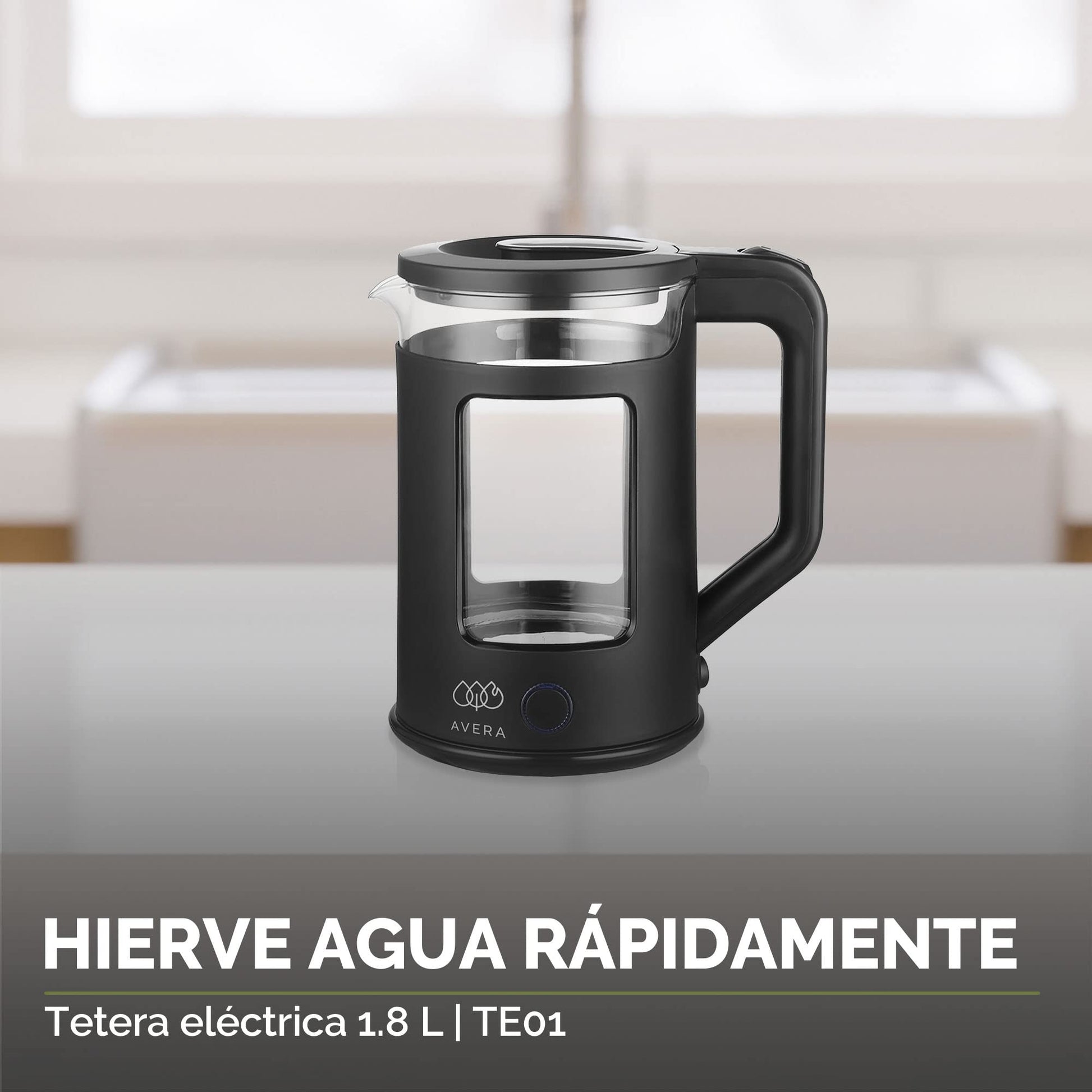 AVERA Tetera Electrica de Vidrio 1.8 Litros 1000W Potencia, Hervidor de Agua Inalambrico, Libre de BPA, Apagado Automatico, Interior Inoxidable, Iluminacion LED, Color Negro