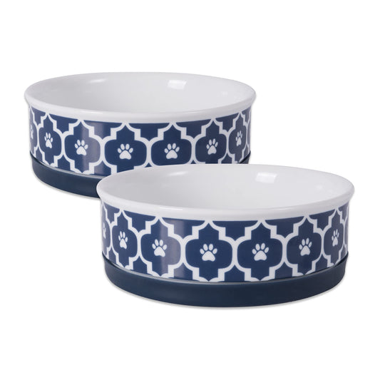 DII Bone Dry Lattice Ceramic Pet Bowl for Food & Water with Non-Skid Silicone Rim for Dogs and Cats (Medium - 6" Dia x 2"H) Nautical Blue - Set of 2