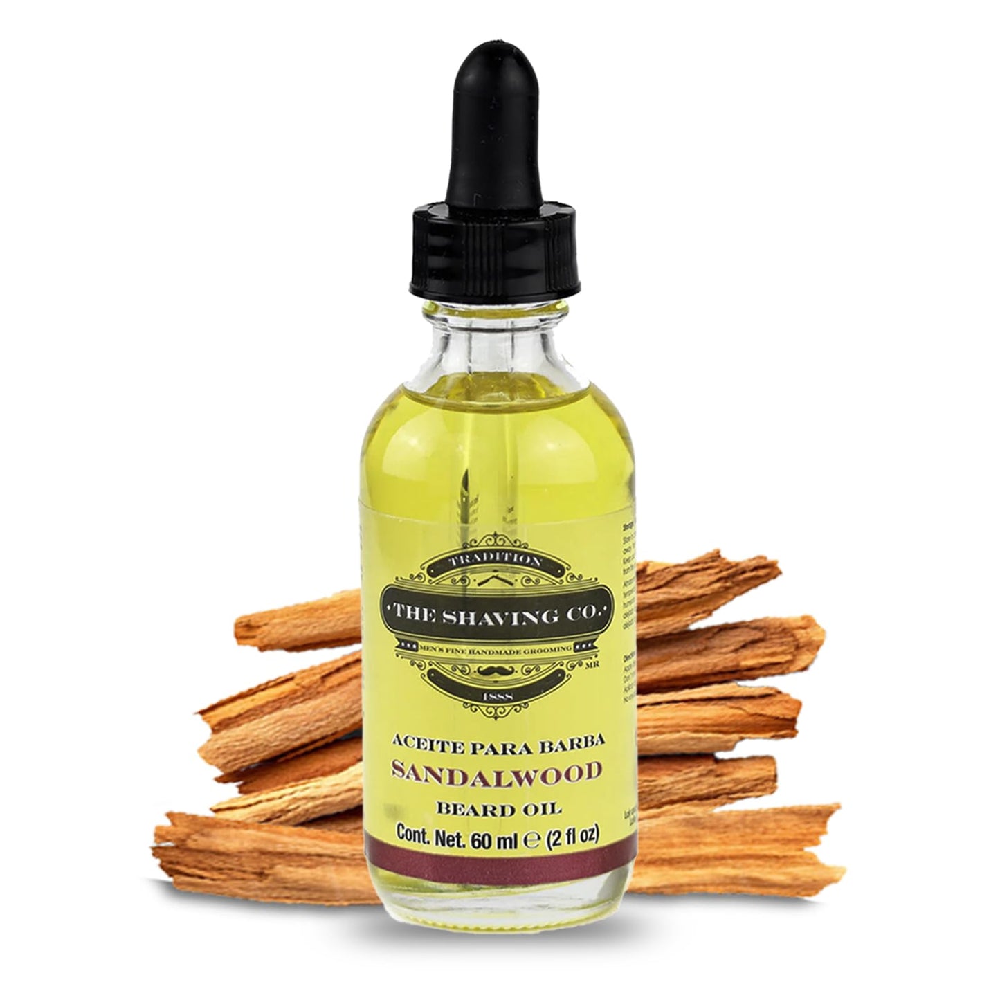THE SHAVING CO. Aceite para Barba Sandalo (Sandalwood) 60ml/2oz. Nutre, Humecta e Hidrata tu Barba desde la raíz. Hecho especialmente a mano con ingredientes Premium 100% naturales, No contiene alcohol. Libre de Sulfatos y Libre de Parabenos. SANDALWOOD B