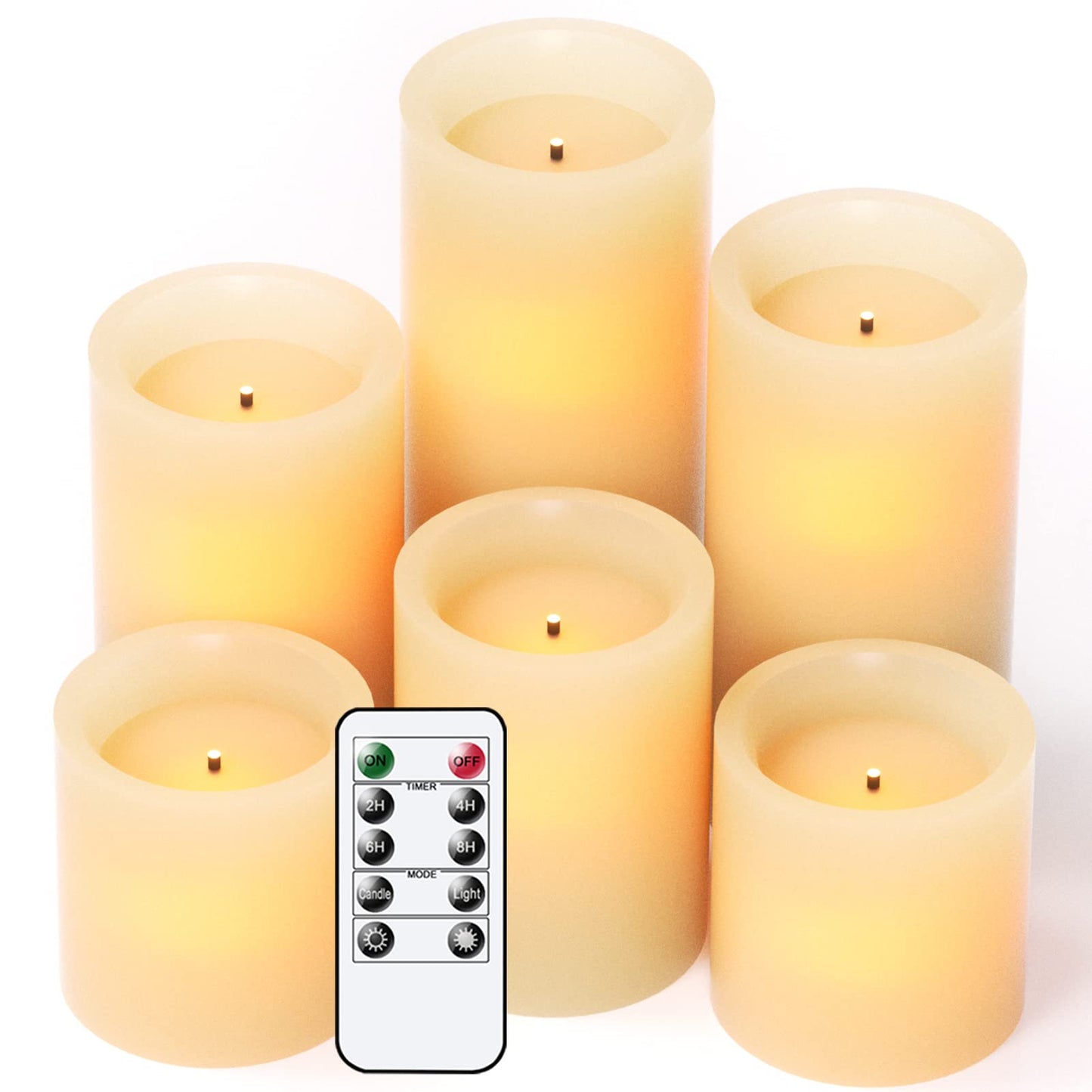 DRomance - Velas con temporizador remoto sin llama, funciona con pilas, juego de 6 velas LED de fibra óptica de cera real, decoración navideña (D3 pulgadas, altura de 3 pulgadas, 4 pulgadas, 5 pulgadas, 6 pulgadas y 7 pulgadas)