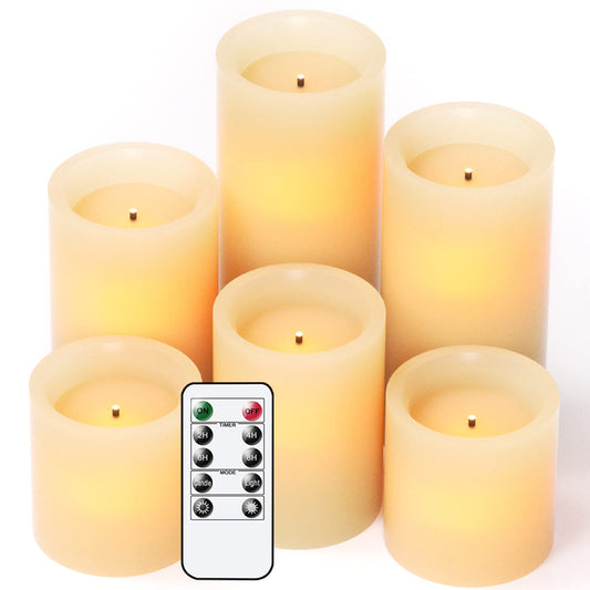 DRomance - Velas con temporizador remoto sin llama, funciona con pilas, juego de 6 velas LED de fibra óptica de cera real, decoración navideña (D3 pulgadas, altura de 3 pulgadas, 4 pulgadas, 5 pulgadas, 6 pulgadas y 7 pulgadas)
