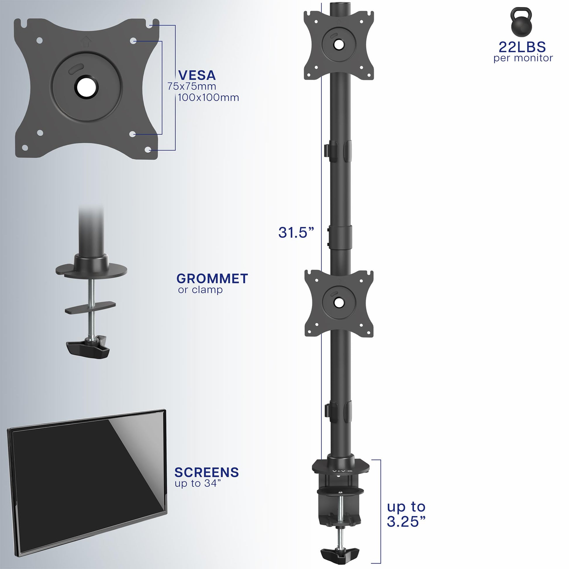 Soporte de Computadora Vivo Ajustable para Monitor Dual Negro con Placas VESA para 2 Pantallas LCD Ultra Anchas de hasta 34 Pulgadas en Matriz Apilada