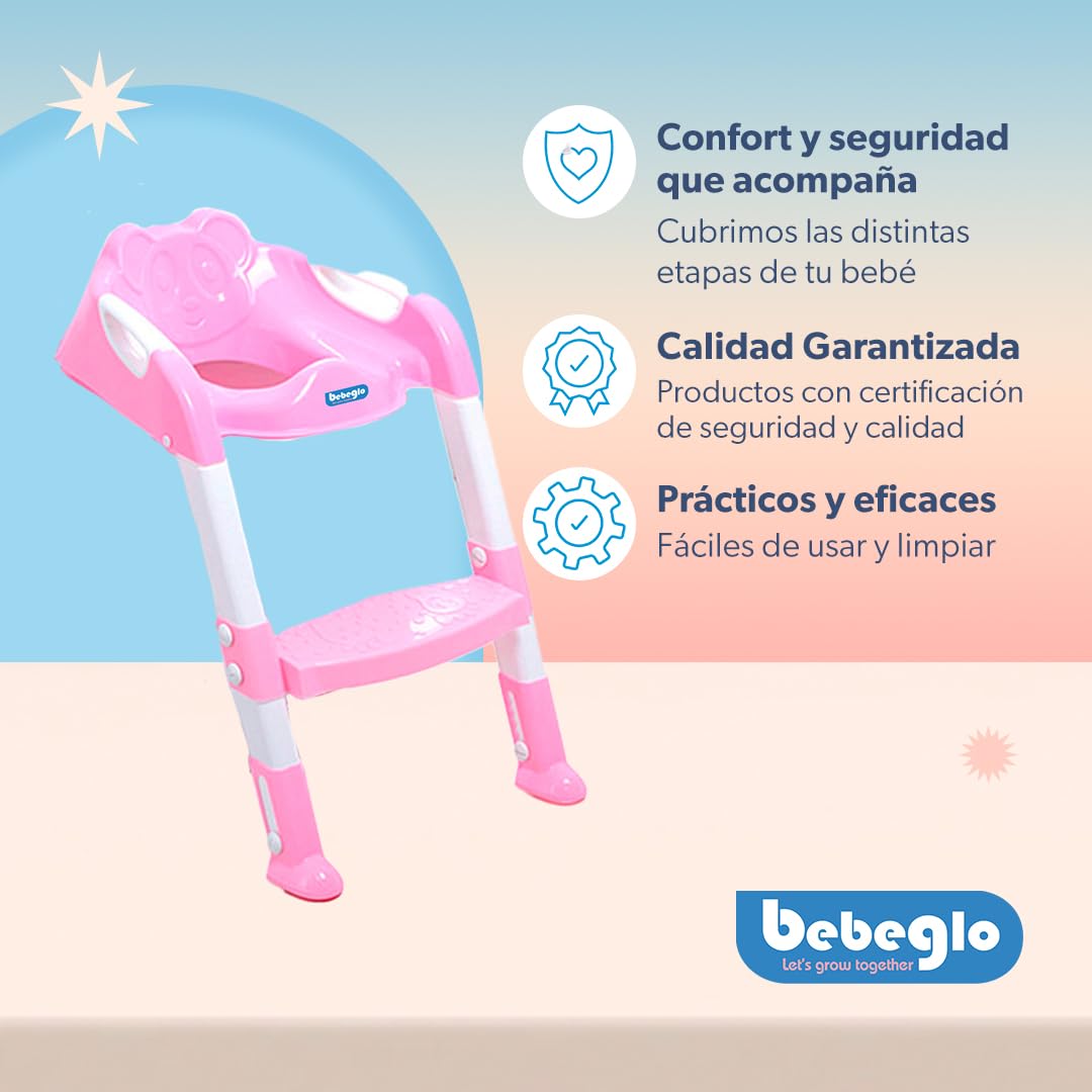 Bebeglo Asiento WC/Bacinica para Bebé con Escalones Ajustables y Asiento con Goma Antideslizante - Bacinica para Bebé con Manillas Retirables Soporte de hasta 30 kg Medidas 38 x 43 x 46 cm (Rosa)