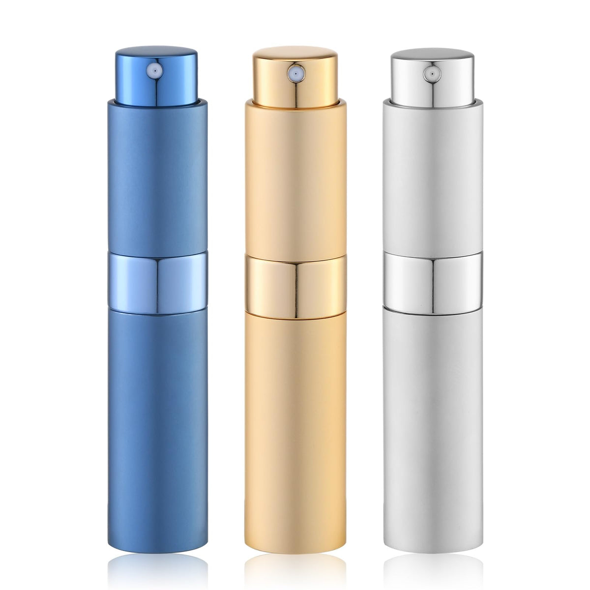 Lulupack - Atomizador de perfume de 10 ml, botella de aerosol de viaje de Colonia, pulverizador portátil recargable (3 piezas, dorado, plateado, azul)