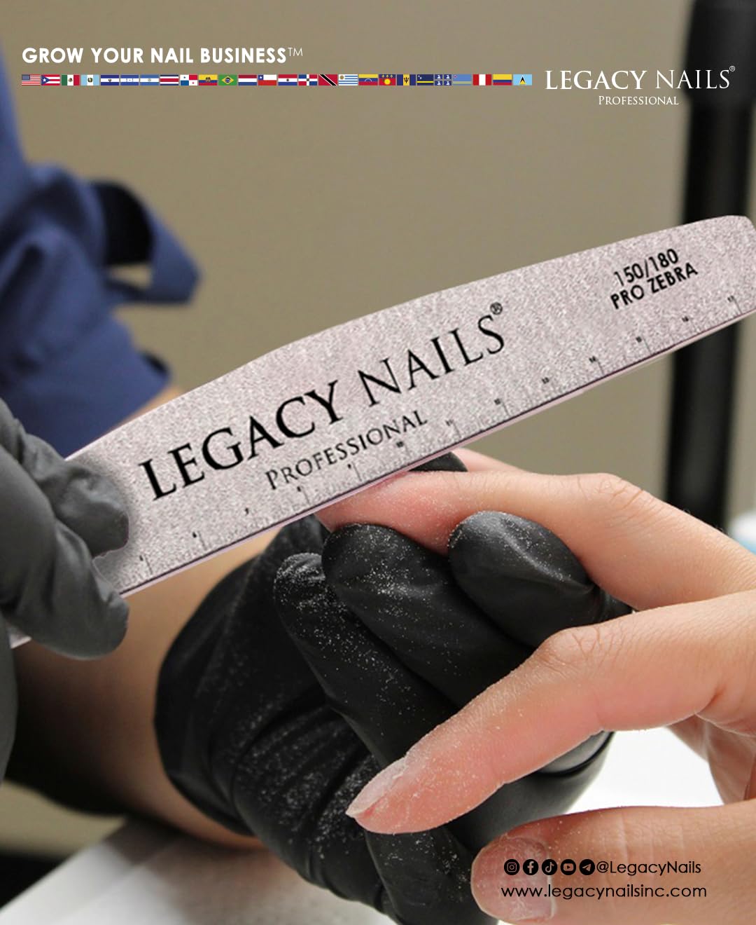 LEGACY NAILS- Legacy Nails 3 en 1 - Lima de uñas con esponja en forma de media luna 100/180 para pulir y dar forma - Lima de uñas Pro Zebra 100/100 Ed