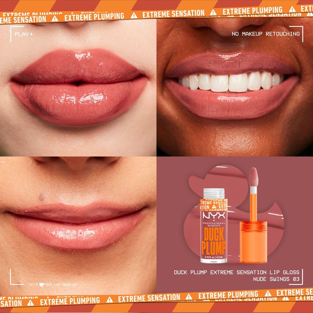 NYX Professional Makeup, Duck Plump, 7ml. Tono: Nude Swings (café). Brillo labial voluminizador con efecto plumping para un volumen instantáneo. Gloss infusionado con jengibre picante para un volumen visible y de larga duración. Fórmula vegana.
