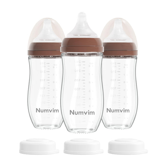 Biberones de Vidrio Natural Numvim Marrón Flujo Suave y Extra Lento para Bebés de 0 Meses Paquete de 3