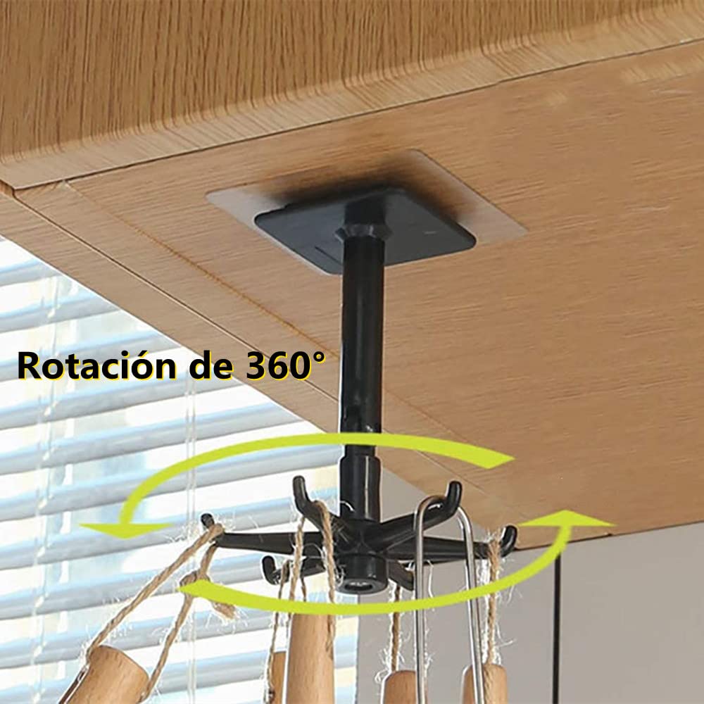 Gancho Plegable Giratorio de 360 Grados,Gancho Giratorio de Cocina de 4 Piezas,Gancho Multiusos para Colgar Utensilios,Gancho Autoadhesivo con 6 Ganchos,Gancho Vertical de 180 Grados (Negro)