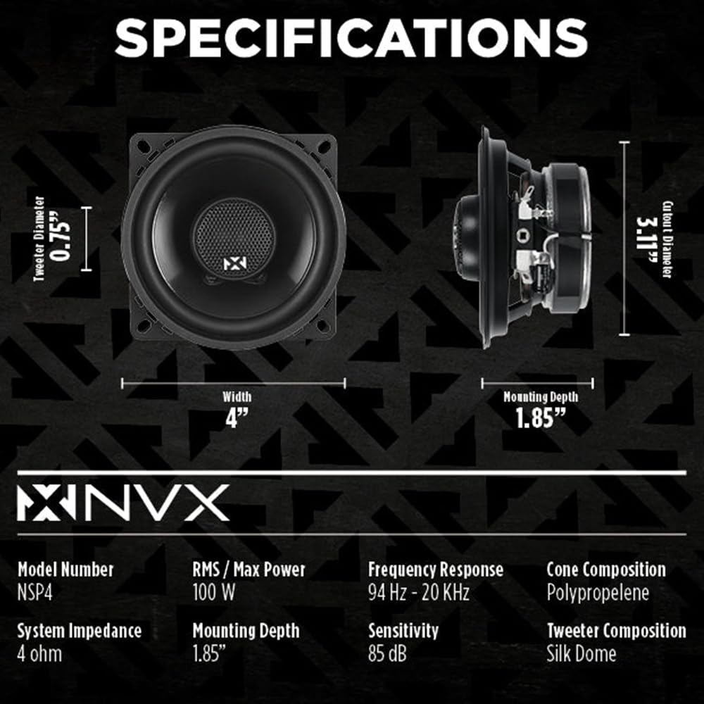 NVX NSP4 N-Series - Altavoces coaxiales para coche (4 pulgadas, 60 W, RMS de 2 vías, con tweeters cúpula de seda, juego de 2