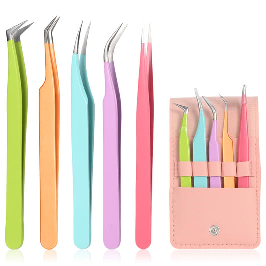 5 pinzas de extensión de pestañas de alta precisión, rectas y curvas para extensiones, pinzas de pestañas para extensiones de pestañas, manualidades, niñas y mujeres principiantes