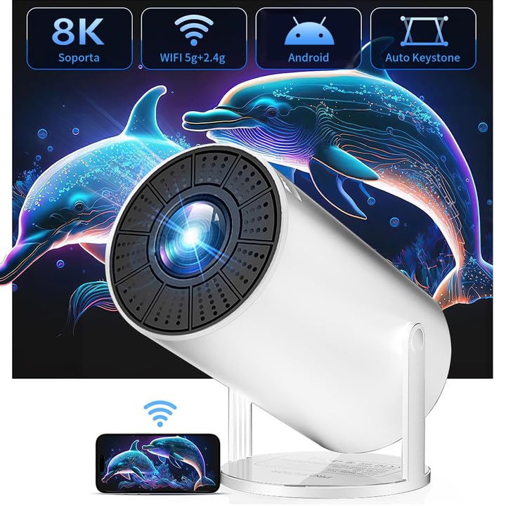 FINYQBET Mini Proyector Portátil Con Android, Ultrarrapido 5G+2.4G, Profesional 260ansli 8k WiFi Led HD 10000 LM, Cine 180° Giratorio Para TV Stick