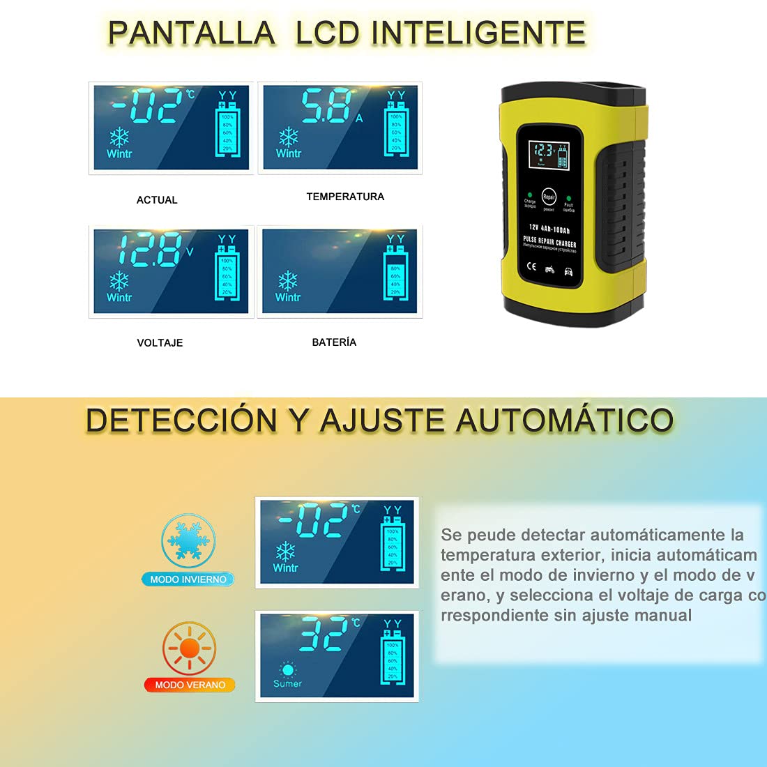 DQST Cargador de Bateria de Auto 12V 6A con LCD Pantalla, Ajuste Inteligente de Corriente para Cargar y Proteger La Batería. Aplicado a Coche, Motocicleta, SUV.