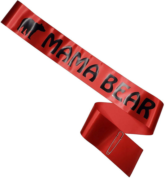 Mama Bear - Banda para baby shower para mamá en rojo y negro con pin plateado para cierre ajustable