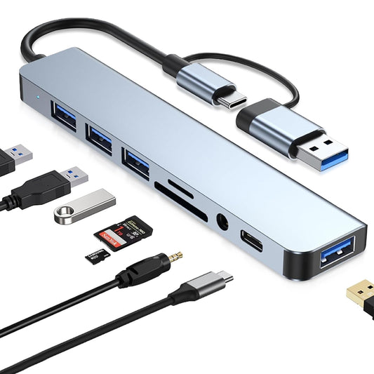 Glowlin HUB USB C, 8 and 1 Multi-Function Adapter to 1 USB3.0, 3 USB2.0, 3.5mm Jack, USB C Port Data, SD/TF Card Reader, Docking Station for MacBook Air/Pro iPad Surface Chromebook