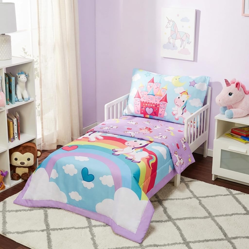 EVERYDAY KIDS - Juego de ropa de cama de 4 piezas para niños pequeños – Unicorn Dreams – Incluye edredón, sábana encimera, sábana bajera ajustable y funda de almohada reversible
