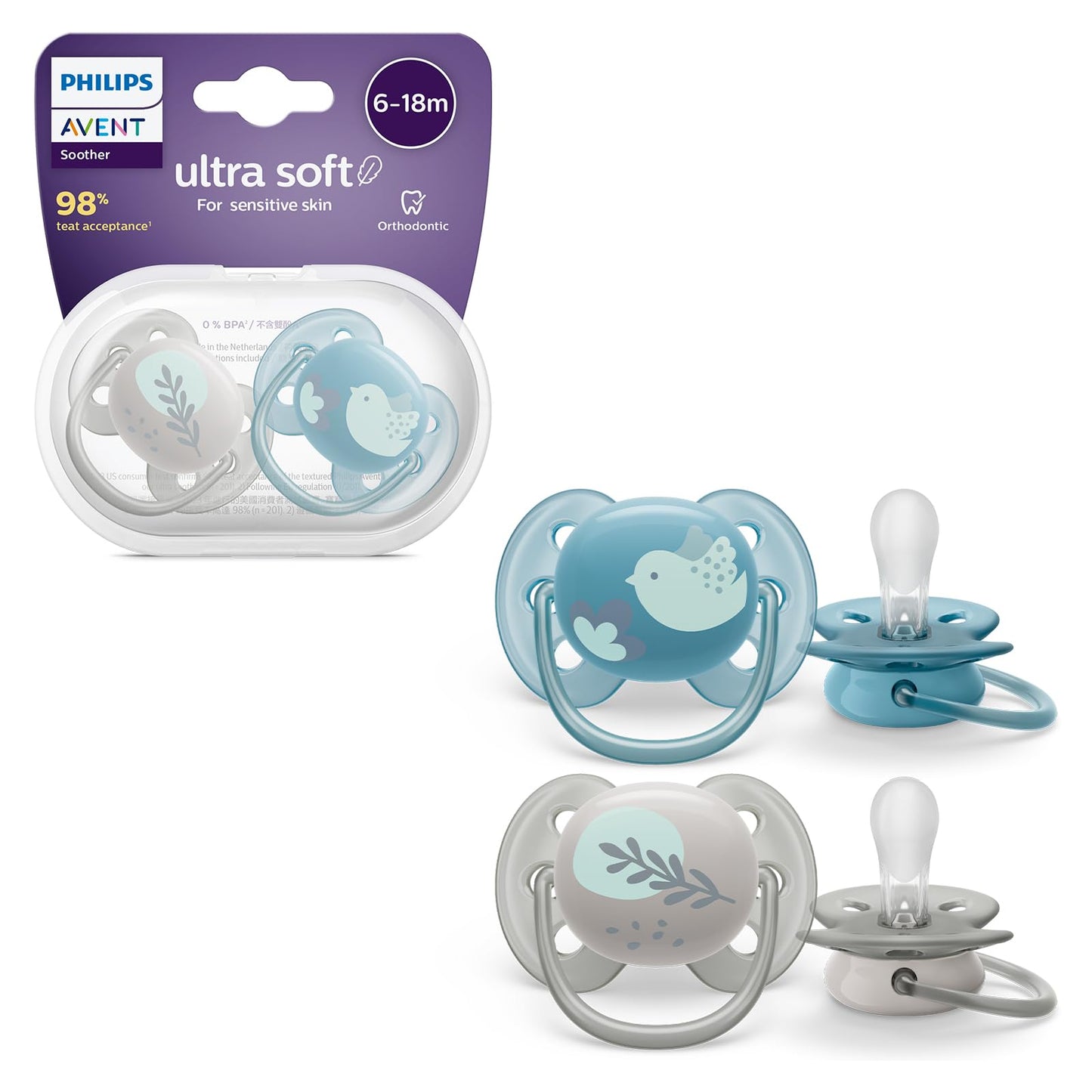 Chupón Ortodóntico Ultra Soft Philips Avent Azul Gris con Caja Esterilizadora 6-18 m
